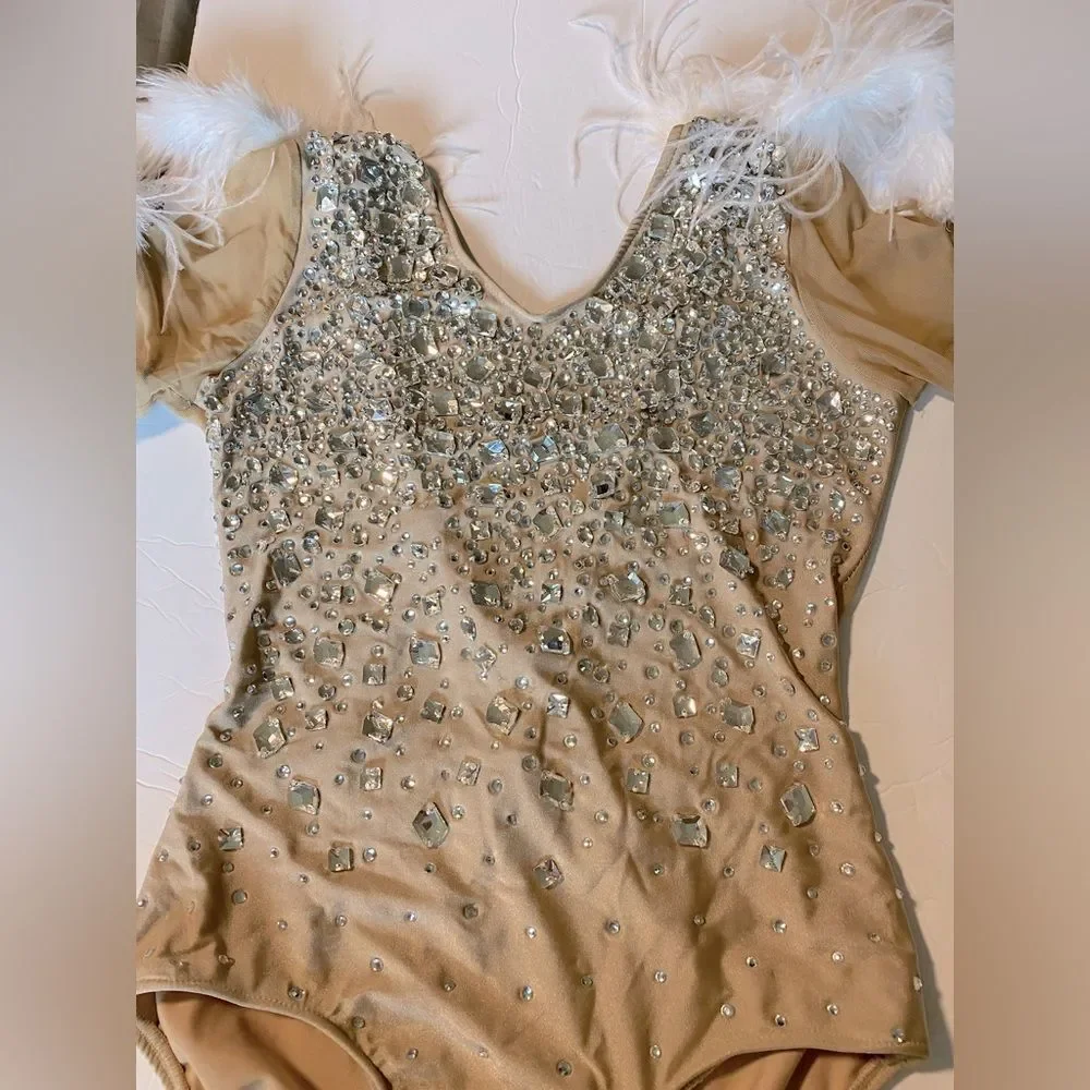 Glamour solo Crystal rhinestone feather dance costume nude tan SA-Small adult